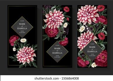 Wedding invitation with dahlia, peonies and wild flowers. Vector.