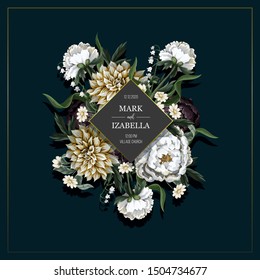 Wedding invitation with dahlia and peony in vintage style. Vector.