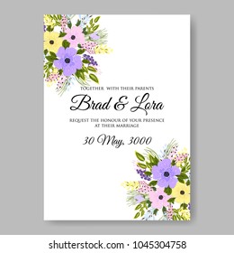 Wedding invitation daisy violet floral vector printable template card