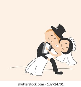 Wedding invitation with dancing funny bride and groom