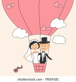 Wedding invitation with dancing funny bride and groom on air balloon