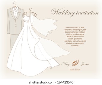 Wedding Invitation decorated with wedding dress and suit on a hanger on vintage background