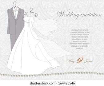 Wedding Invitation decorated with wedding dress and suit on a hanger on silver background