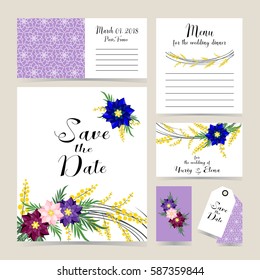 Wedding invitation decorated with mimosa and spring flowers