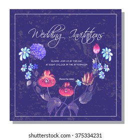 wedding invitation, decorated with vintage stylized red poppy and acanthus leaves