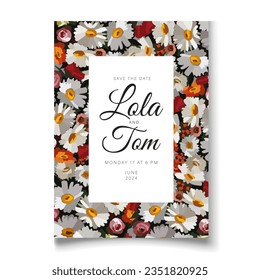 the wedding invitation is decorated with  watercolor wonderful delicate daisies