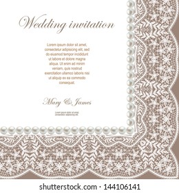 Wedding invitation decorated with white lace and pearls