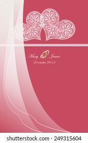 Wedding invitation decorated with white lace hearts