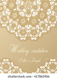 Wedding invitation decorated with white lace, vector background divider, header, ornamental frame template.