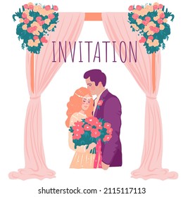 Wedding invitation with decoration and couple hugs each other. Bride holds flowers, Groom kiss bride. Vector illustration. Isolated figures. 