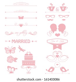 wedding invitation decorative elements, cake, flowers, couple 