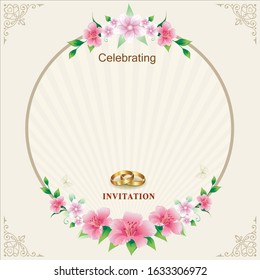 Wedding invitation with a decorative floral circle in a frame with an ornament. Vector illustration