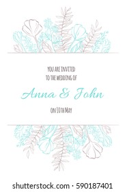 Wedding invitation with decorative floral hand drawn romantic frame. Vector illustration on white background for greeting card, poster or leaflet.