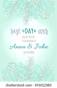 Wedding invitation with decorative floral hand drawn romantic frame. Vector illustration on light turquoise background for greeting card, poster or leaflet.