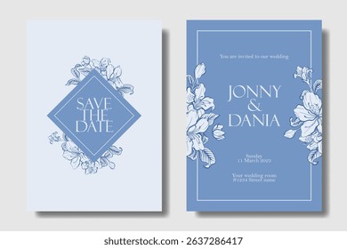 Wedding invitation with decorative hand drawing Azalea flower, Slate Blue with Deep Sapphire color, two concept for flexibility usage