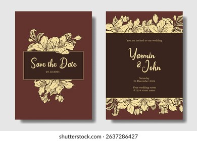 Wedding invitation with decorative hand drawing Azalea flower, Soft Gold with Dark Maroon and Burnt Sienna color, two concept for flexibility usage