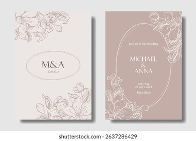 Wedding invitation with decorative hand drawing Azalea flower, Dusty Rose with Pearl White color, two concept for flexibility usage
