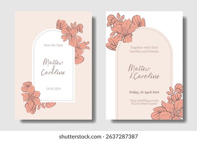 Wedding invitation with decorative hand drawing Bauhinia flower. Linen with Light Coral color inspired. Two concept for flexibility usage