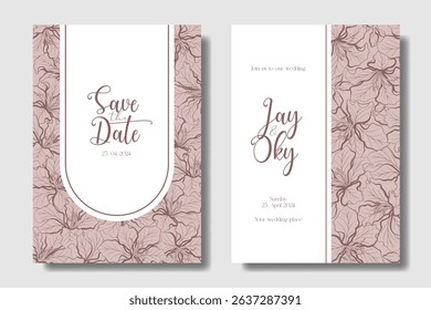 Wedding invitation with decorative hand drawing Bauhinia flower. Rosewood with Dusty Rose color inspired. Two concept for flexibility usage
