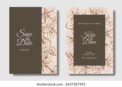 Wedding invitation with decorative hand drawing Bauhinia flower. Charcoal Brown with Seashell color inspired. Two concept for flexibility usage