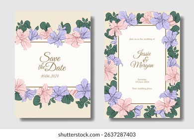 Wedding invitation with decorative hand drawing Bauhinia flower, bohemian color inspired, two concept for flexibility usage
