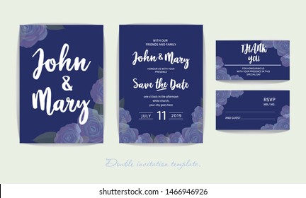 Wedding invitation in Deep blue with roses. Thank you card and rsvp. Aquamarine, cornflower blue, sapphire, yacht. Delicate rose flowers. Design in Indigo