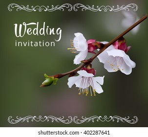 Wedding invitation. Delicate flower tree. Photorealistic vector. Text template, frame