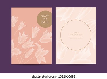 Wedding invitation with delicate flowers on a pink background. Design templates can be used for invitations, restaurants, spas, beauty salons.