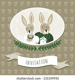 wedding invitation with delicate grunge oval portrait of rabbit bride and groom on dark brown background with border hearts