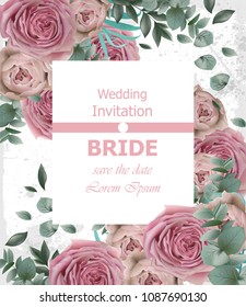 Wedding invitation with delicate pink roses Vector. Beautiful vertical card floral 3d backgrounds