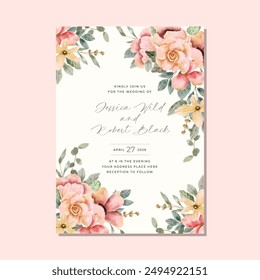 wedding invitation with delicate pink yellow floral watercolor frame