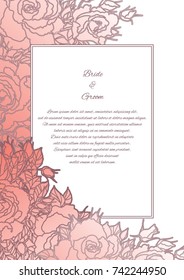 Wedding invitation with delicate roses in vintage style. For wedding, marriage, bridal, birthday, Valentine's day, anniversary marriage, engagement, Baby shower, save the date, greeting card, flyer.