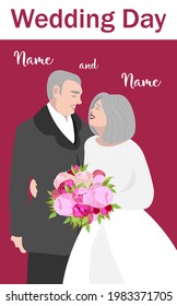 The wedding invitation depicts elderly people in formal attire smiling at each other. In the hands of the bride, a bouquet of peonies.