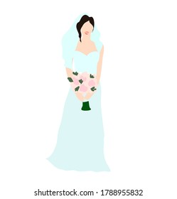 wedding invitation design bride in festive gown with bouquet of flowers vector illustration