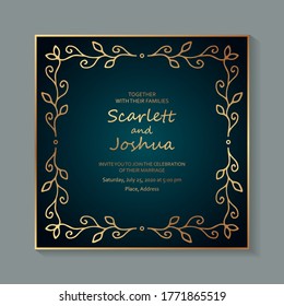 Wedding invitation design or card templates for business or presentation or greeting with golden floral frame on a dark green background.