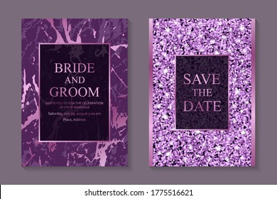 Wedding invitation design or card templates for business or presentation or greeting with rose gold glitter and marble texture on a purple background.