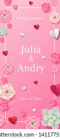 Wedding invitation design concept with flowers and paper hearts on pink background. Save the date floral card. - Vector