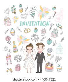 Wedding invitation design. Cute bride and groom illustration. Cartoon food and objects - cupcakes, cake, birds, flowers, cage, champagne bottle, gifts, rings.
