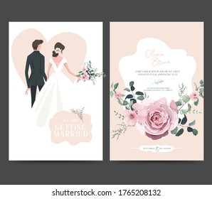 Wedding invitation design. Drawing bride and groom character, illustration, vector. Celebration, event, invitation, wedding dress, groom, romantic, pastel tones. Bridal flower bouquet, leave