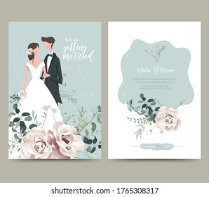 Wedding invitation design. Drawing bride and groom character, illustration, vector. Celebration, event, invitation, wedding dress, groom, romantic, pastel tones. Bridal flower bouquet, leave