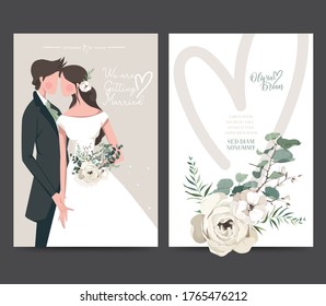 Wedding invitation design. Drawing bride and groom character, illustration, vector. Celebration, event, invitation, wedding dress, groom, romantic, pastel tones. Bridal flower bouquet, leave