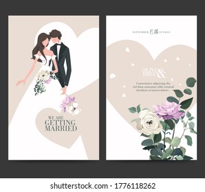 Wedding invitation design. Drawing bride and groom character, illustration, vector. Celebration, event, invitation, wedding dress, groom, romantic, pastel tones. Bridal flower bouquet, leave.