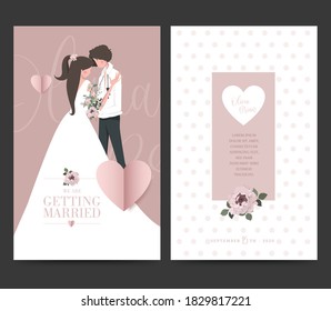 Wedding invitation design. Drawing bride and groom character, illustration, vector. Celebration, event, invitation, wedding dress, groom, romantic, pastel tones. Bridal flower bouquet, leave.