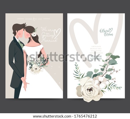 Wedding invitation design. Drawing bride and groom character, illustration, vector. Celebration, event, invitation, wedding dress, groom, romantic, pastel tones. Bridal flower bouquet, leave