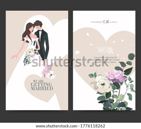 Wedding invitation design. Drawing bride and groom character, illustration, vector. Celebration, event, invitation, wedding dress, groom, romantic, pastel tones. Bridal flower bouquet, leave.