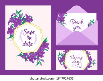 Wedding invitation design, elegant card for celebration greeting, vector illustration. Save the date decoration set, romantic modern texture.