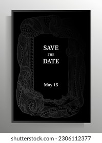 Wedding invitation design. Elegant vector template with decorative hand-drawn frame.