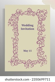 Wedding invitation design. Elegant vector template with decorative hand drawn frame.