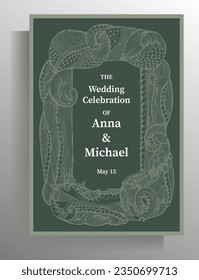 Wedding invitation design. Elegant vector template with decorative hand drawn frame.