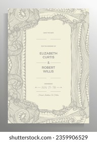 Wedding invitation design. Elegant vector template for poster, card, certificate, brochure in retro style.